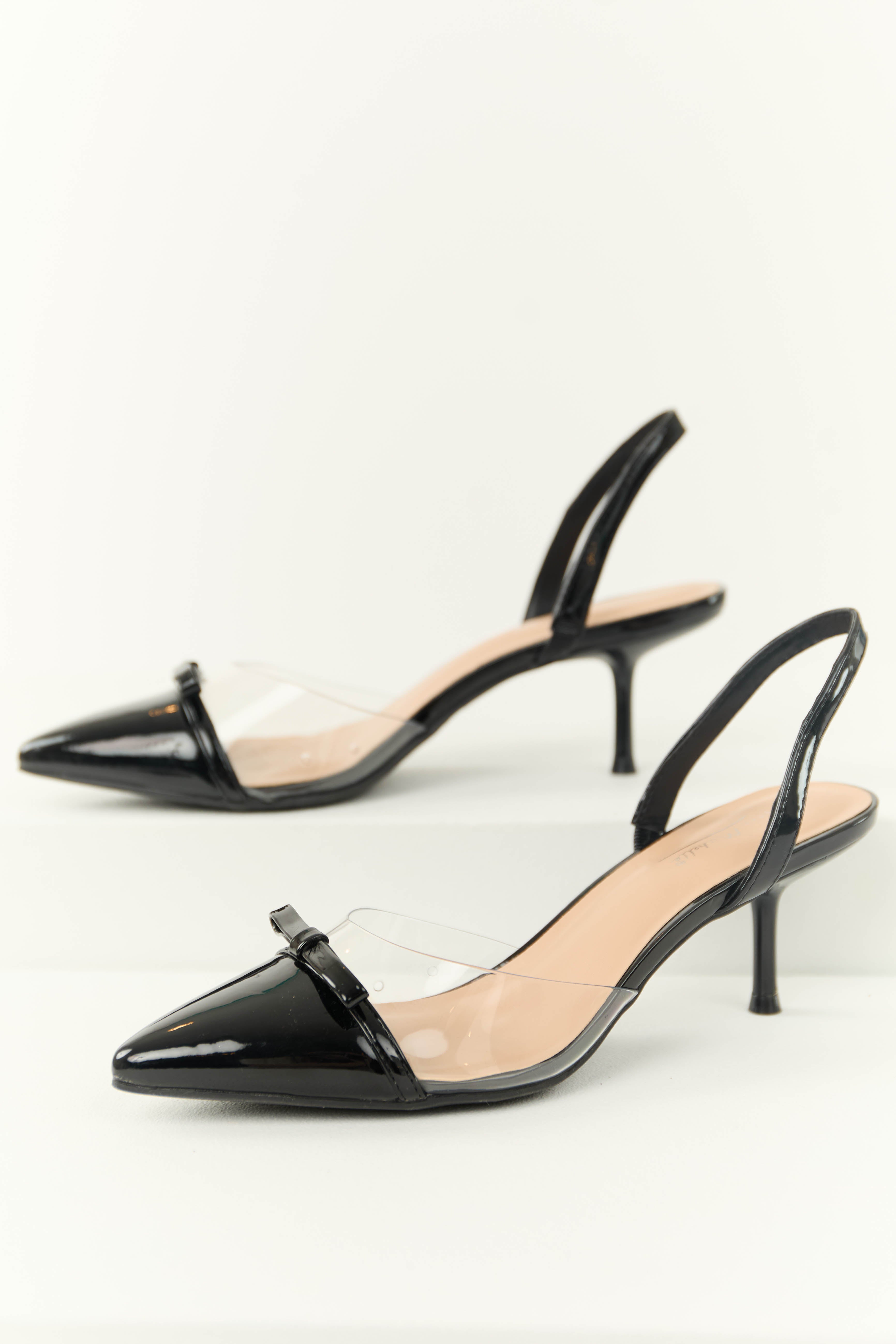 Shiny Black Pointed Toe Slingback Heels with Bow | Lime Lush