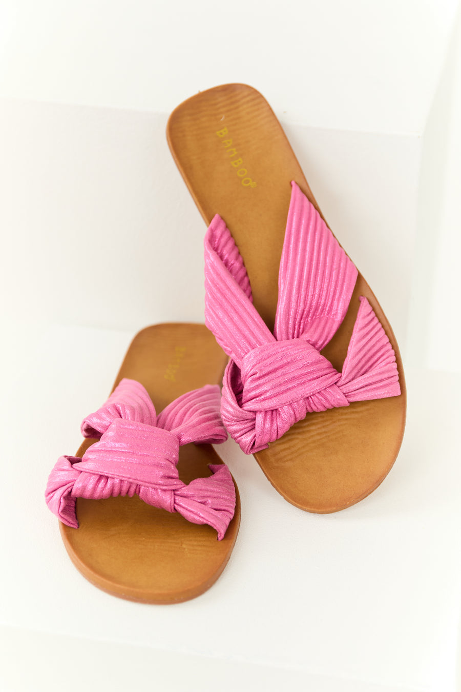 Shiny Bubblegum Fabric Open Toe Slip On Sandals