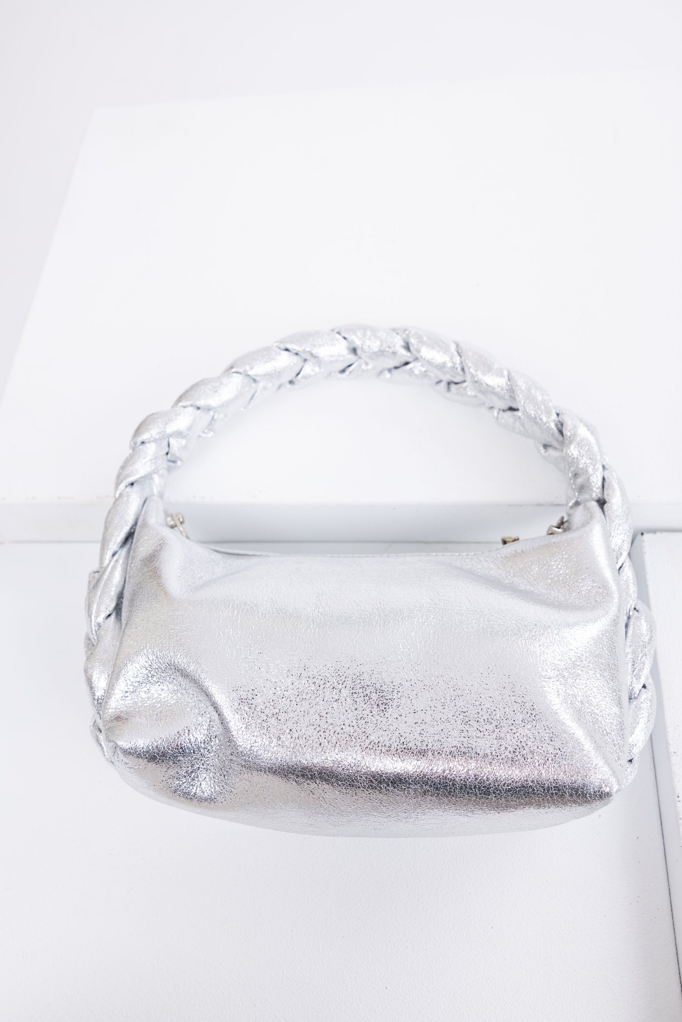 Shiny Silver Braided Handle Handbag