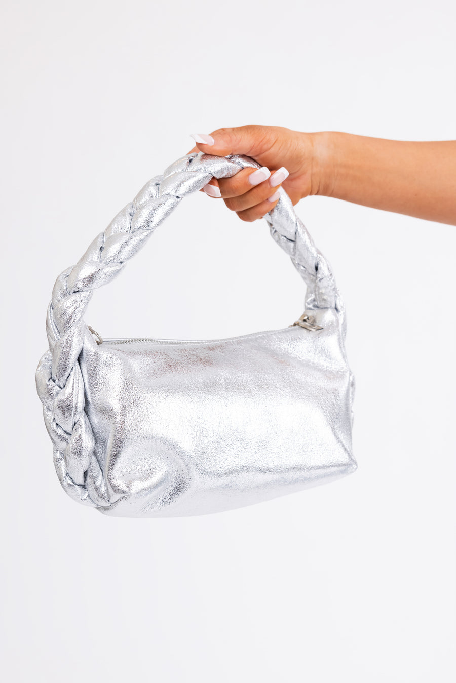 Shiny Silver Braided Handle Handbag