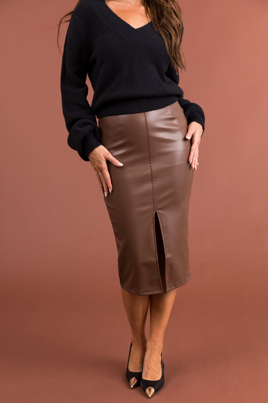 Sienna Faux Leather Front Slit Midi Skirt