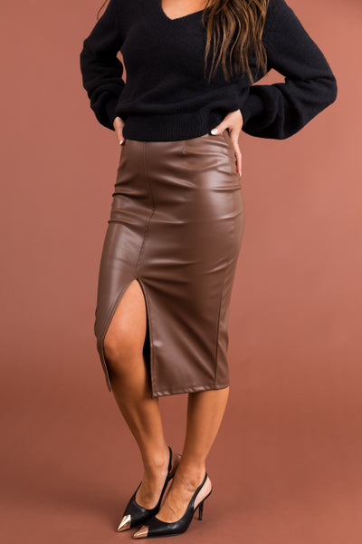 Sienna Faux Leather Front Slit Midi Skirt