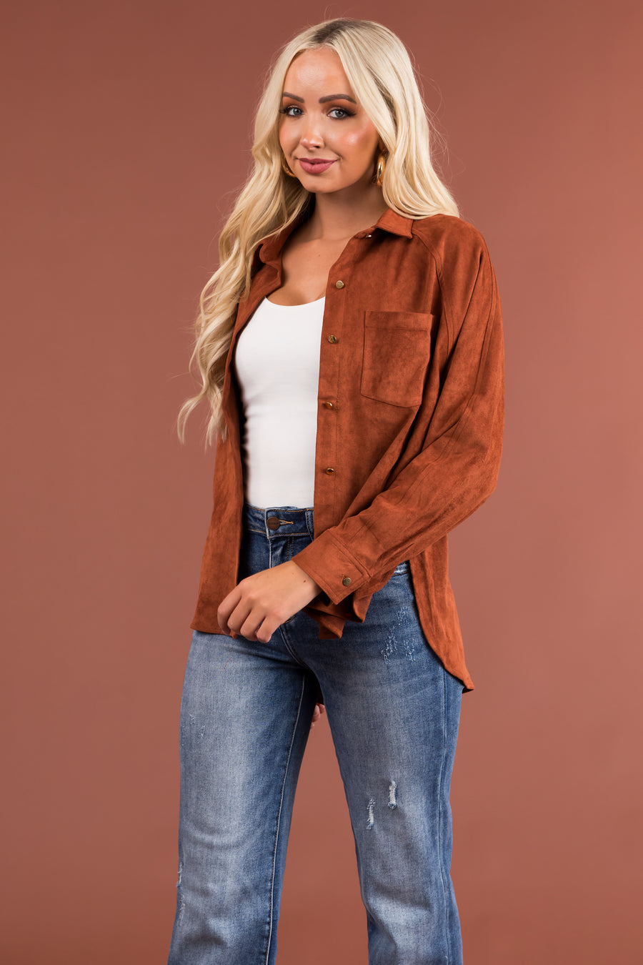 Sienna Faux Suede Button Up Long Sleeve Shirt