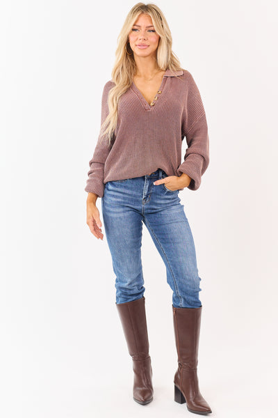 Sienna Mineral Wash Polo Style Ribbed Cotton Sweater