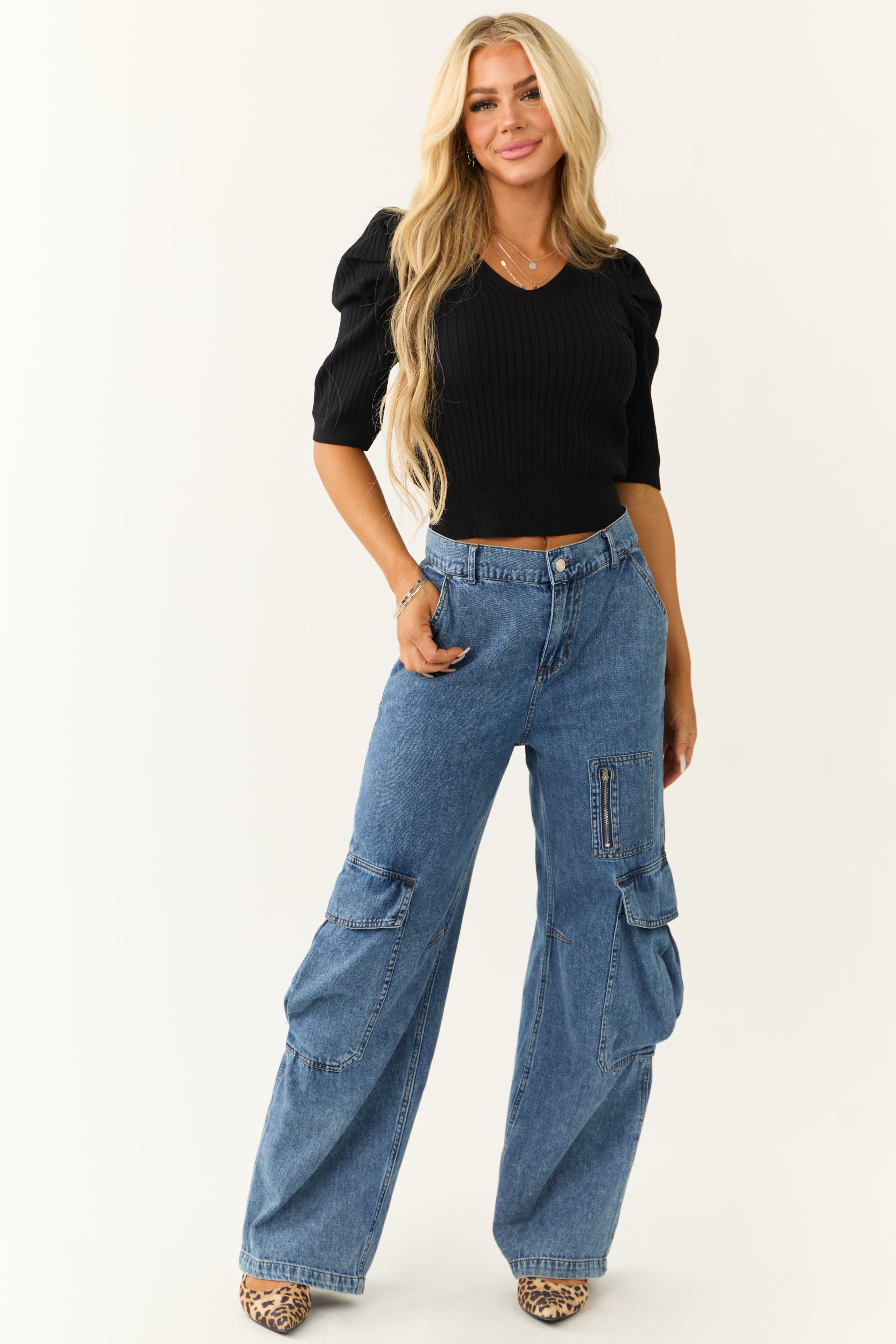 Signature8 Medium Wash Wide Leg Cargo Jeans | Lime Lush Boutique