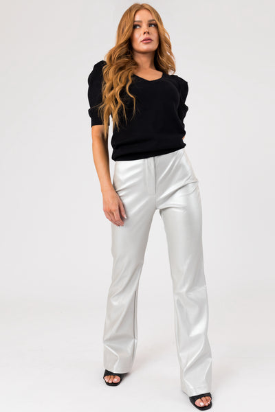 Silver High Waisted Faux Leather Flare Pants