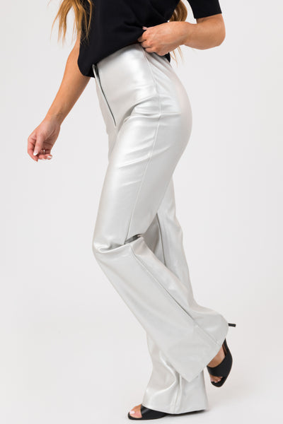 Silver High Waisted Faux Leather Flare Pants