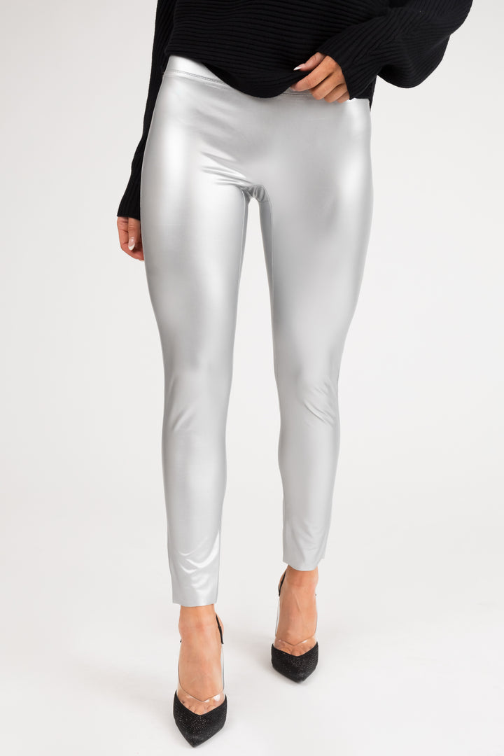 Silver High Waisted Faux Leather Leggings