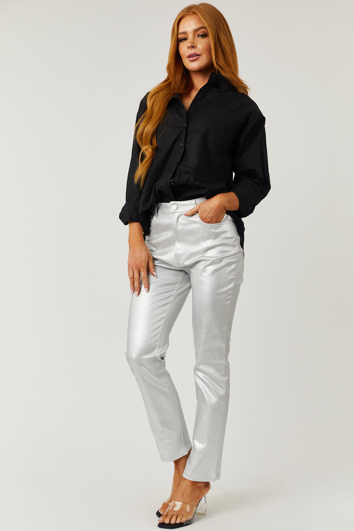Silver Metallic Coated High Rise Jeans