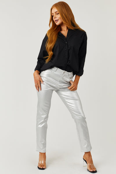 Silver Metallic Coated High Rise Jeans