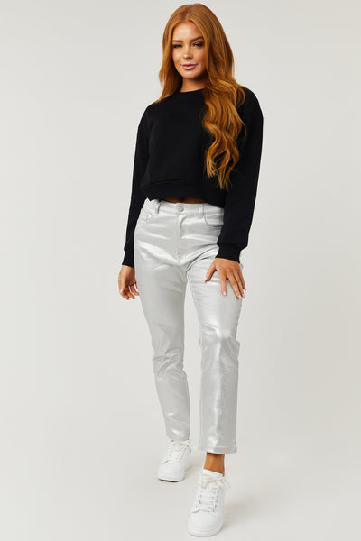 Silver Metallic Coated High Rise Jeans