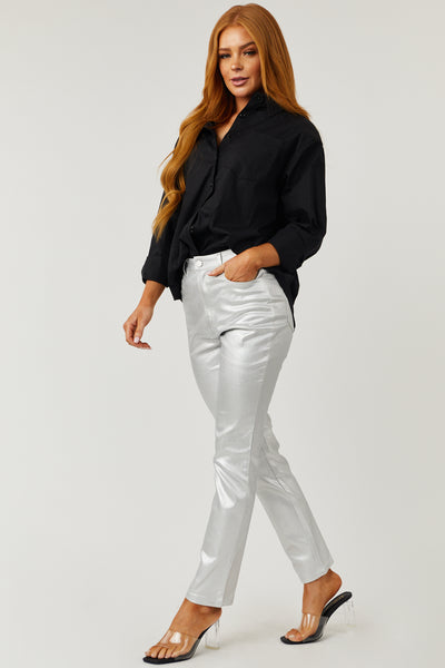 Silver Metallic Coated High Rise Jeans