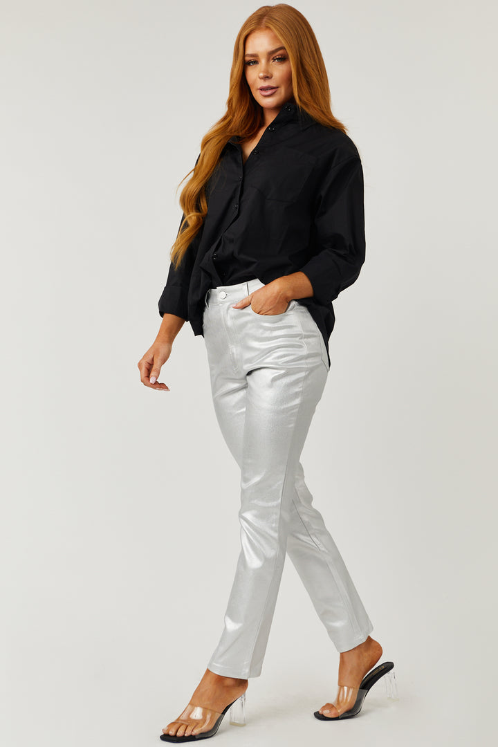 Silver Metallic Coated High Rise Jeans