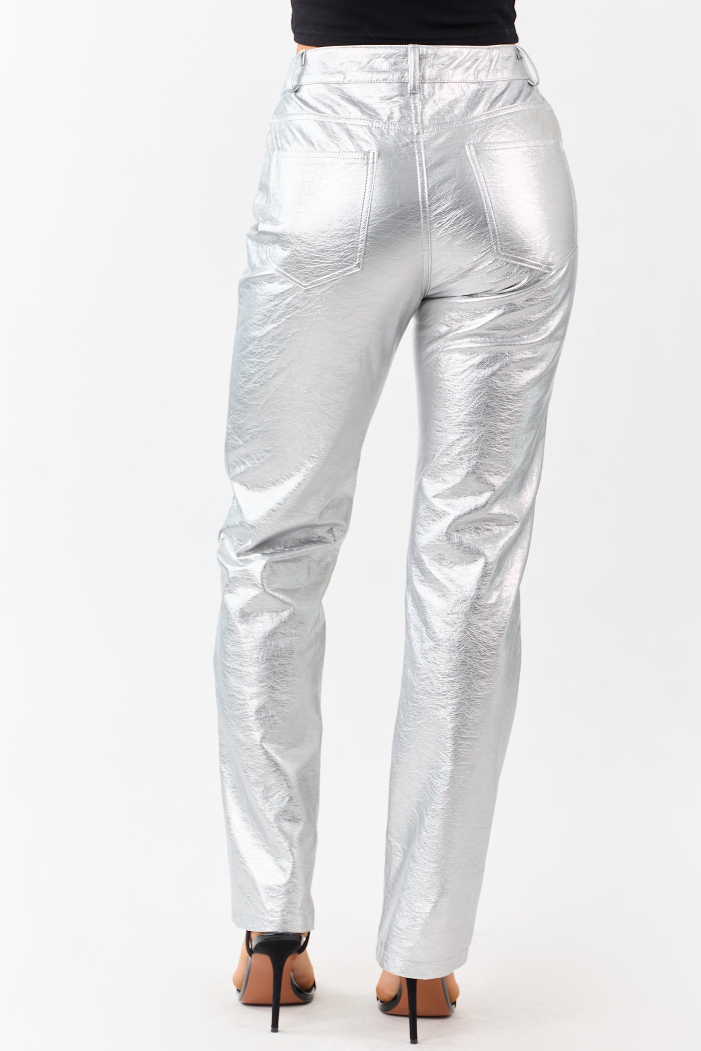 Silver Metallic Faux Leather Straight Leg Pants