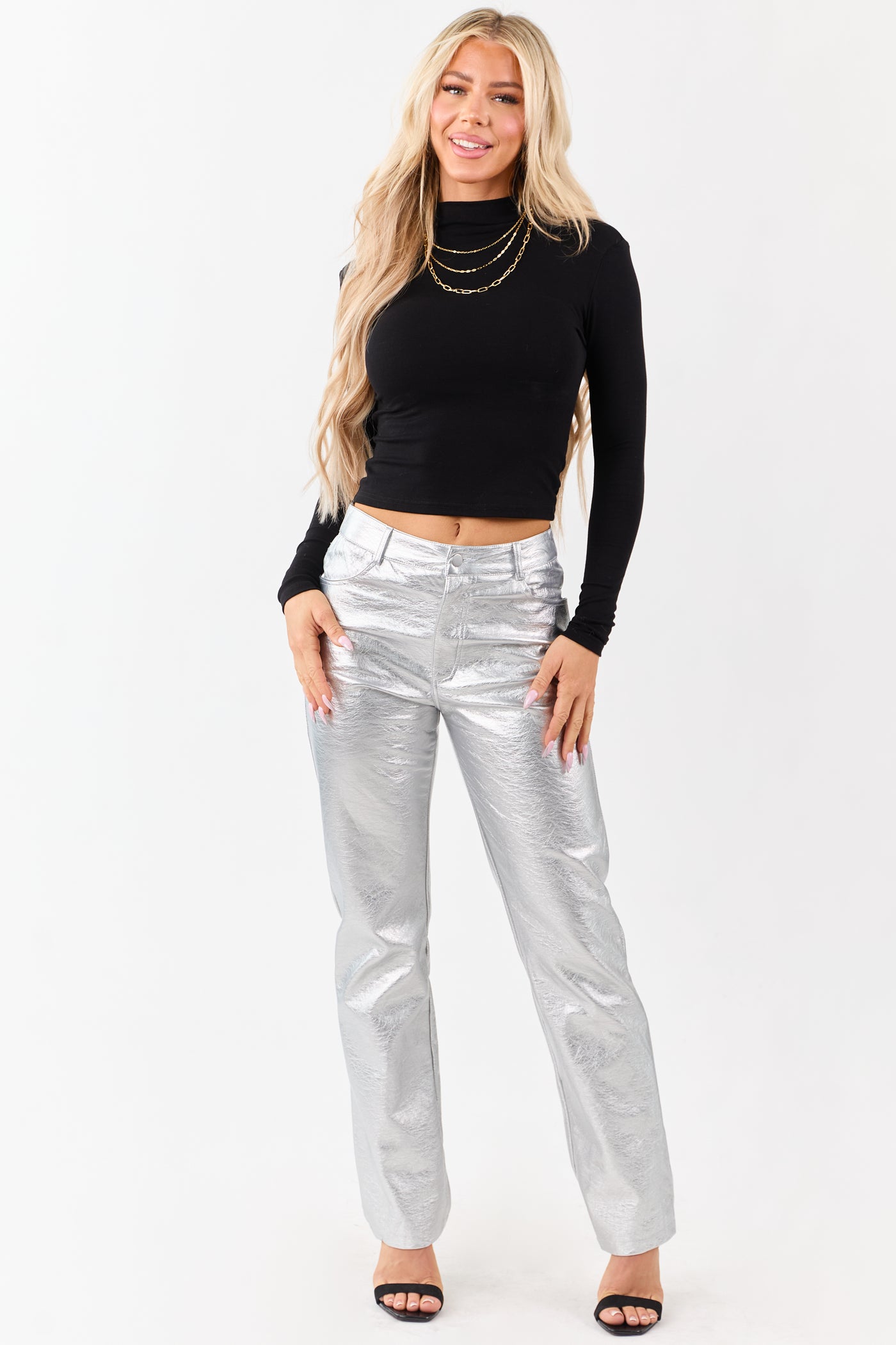 Silver Metallic Faux Leather Straight Leg Pants