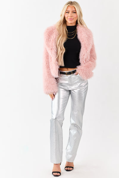Silver Metallic Faux Leather Straight Leg Pants