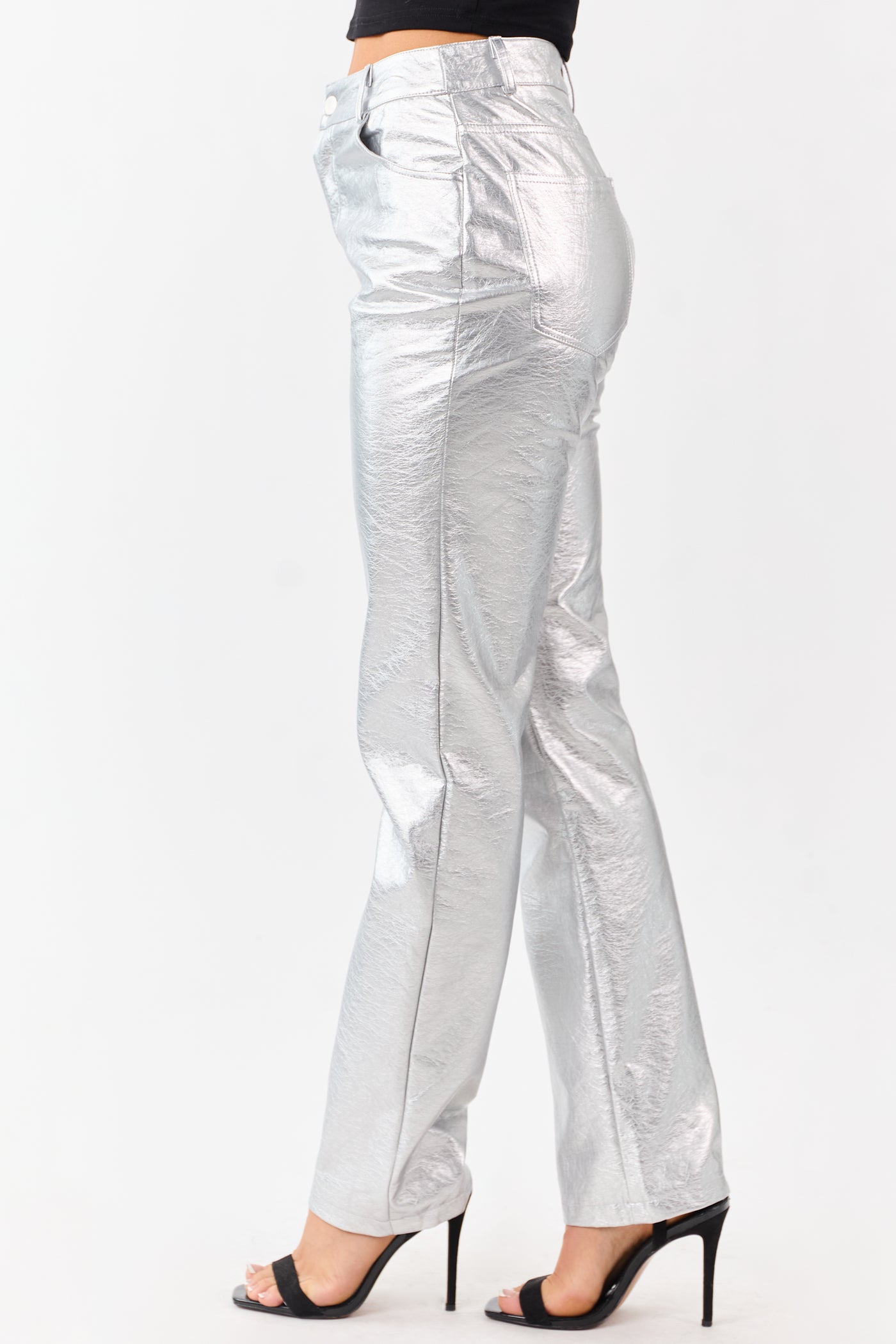 Silver Metallic Faux Leather Straight Leg Pants