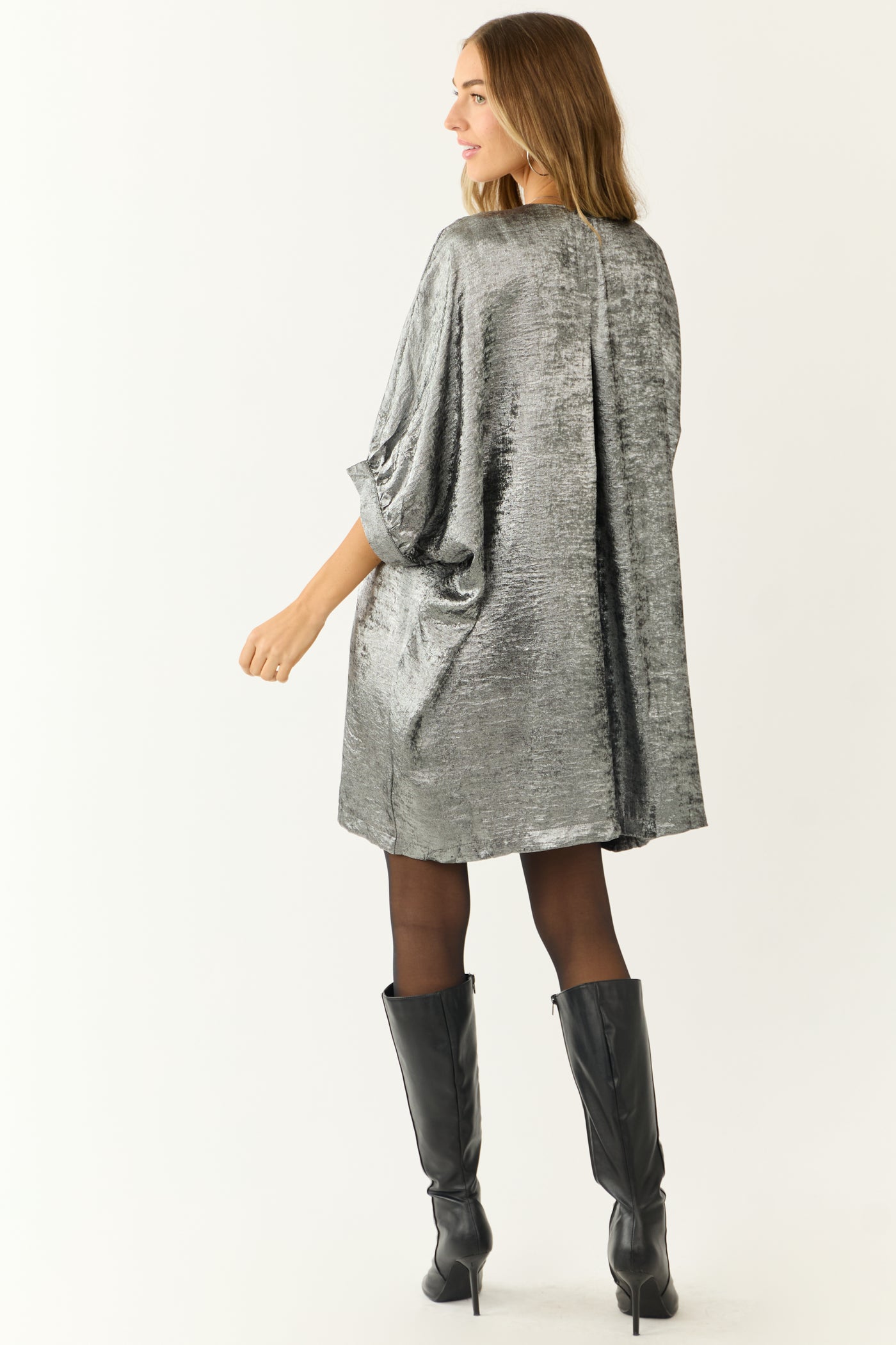 Silver Metallic V Neck Half Sleeve Mini Dress Silver Metallic V Neck Half Sleeve Mini Dress