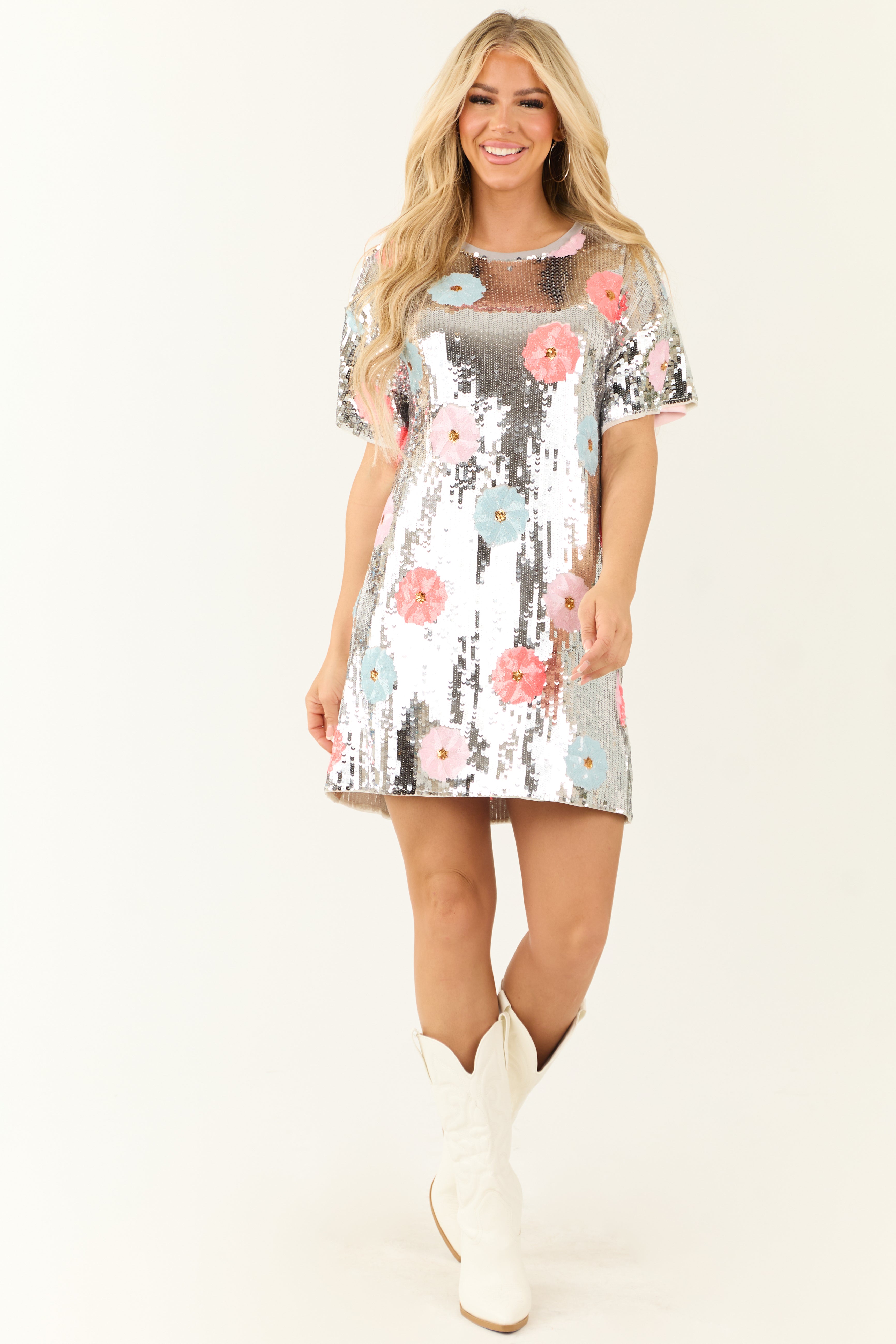 Silver Sequin Floral Half Sleeve Mini Dress