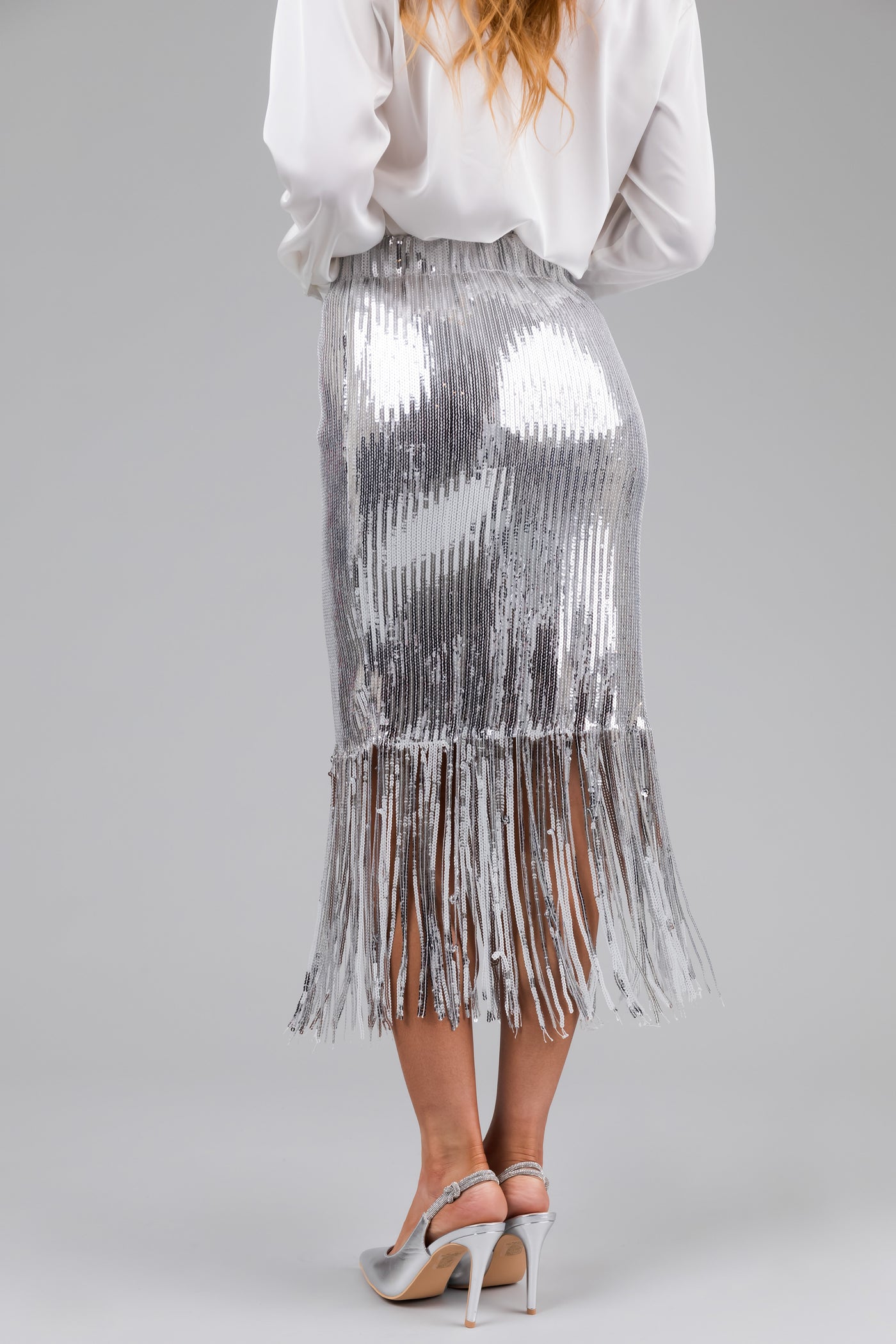 Silver Sequin Fringe Hemline Midi Skirt