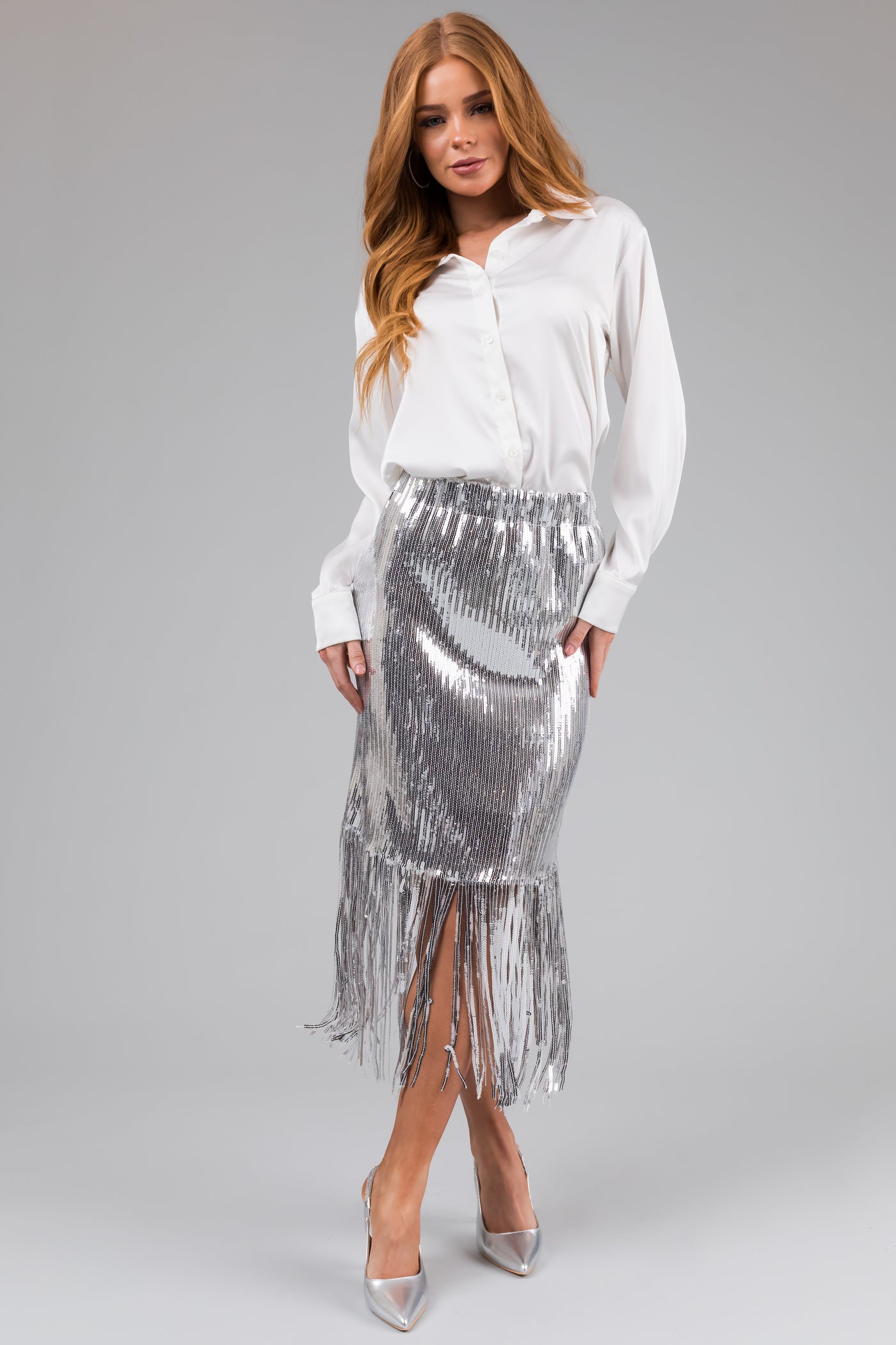 Silver Sequin Fringe Hemline Midi Skirt