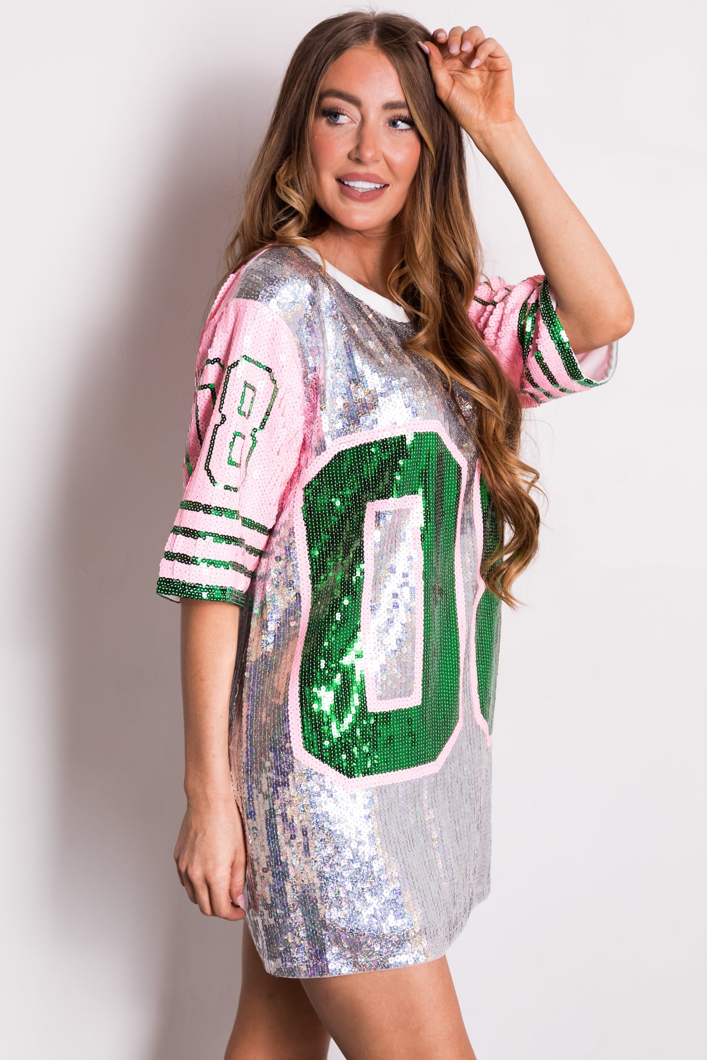 Silver Sequin Jersey Graphic Oversized Top