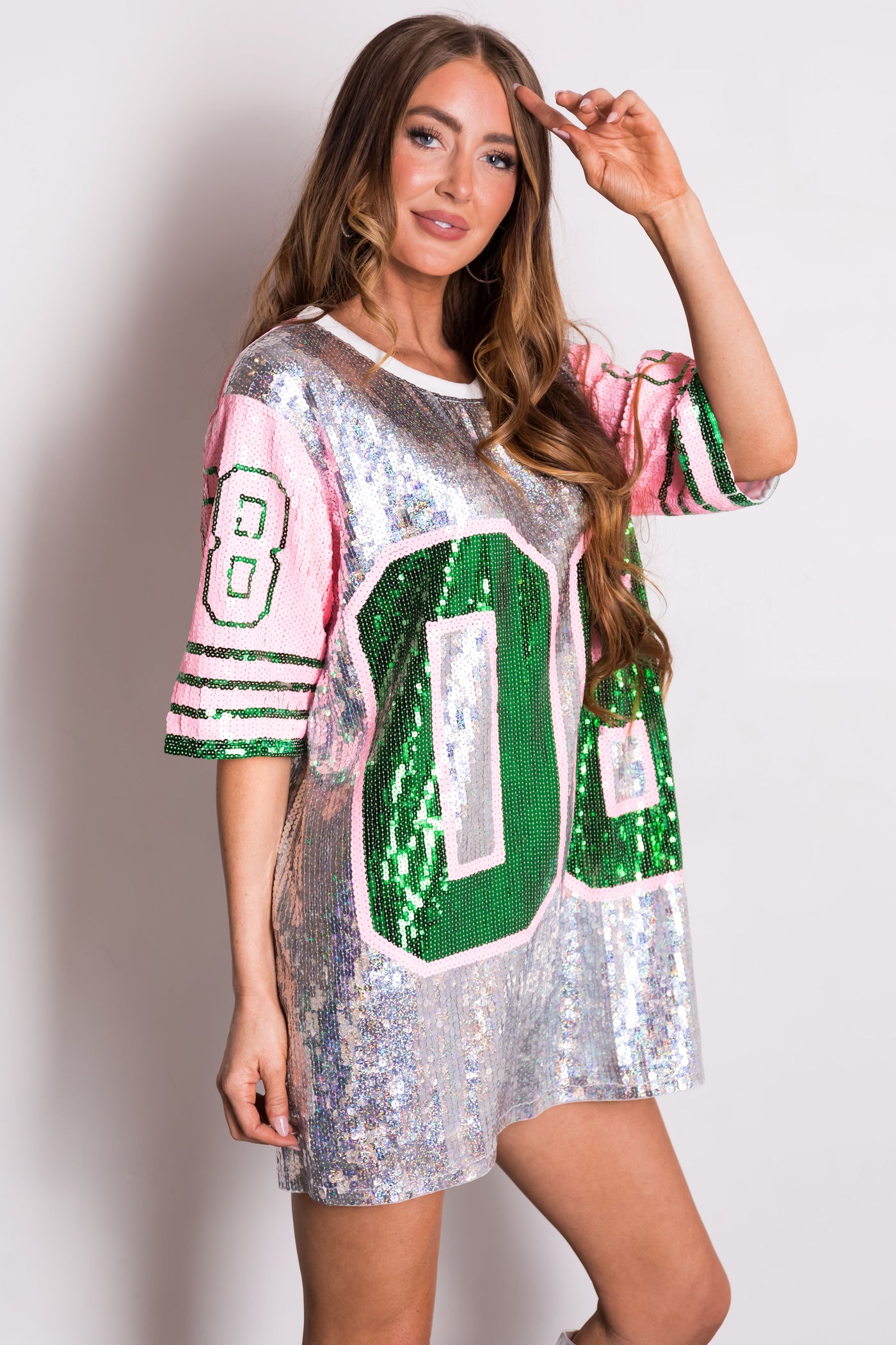 Silver Sequin Jersey Graphic Oversized Top