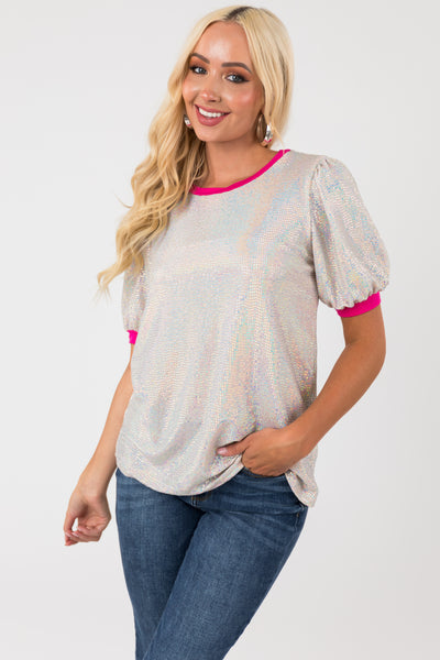 Silver Sequin Knit Top with Magenta Trim