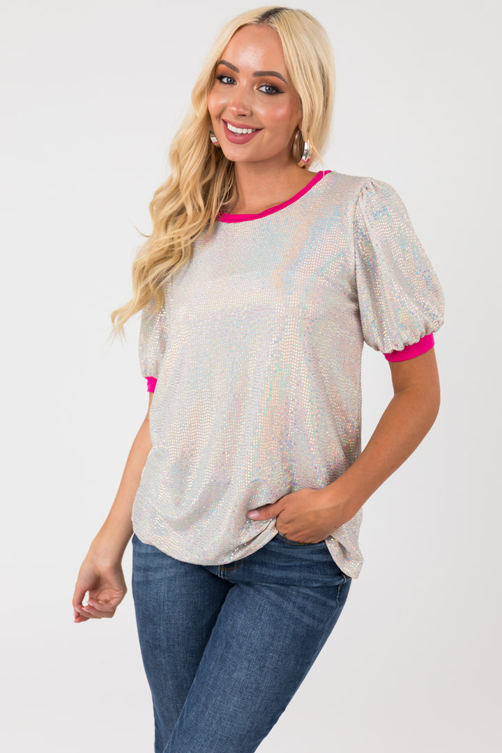 Silver Sequin Knit Top with Magenta Trim