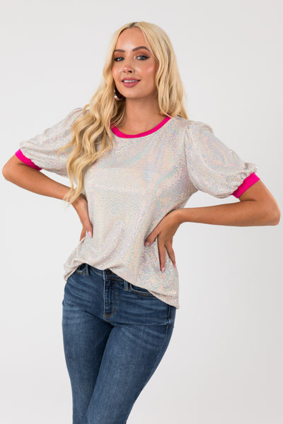 Silver Sequin Knit Top with Magenta Trim