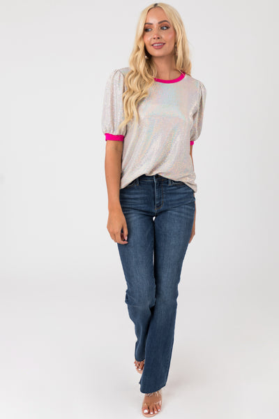 Silver Sequin Knit Top with Magenta Trim