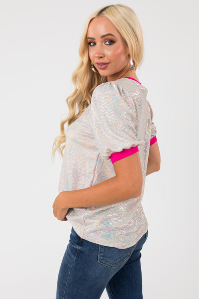 Silver Sequin Knit Top with Magenta Trim