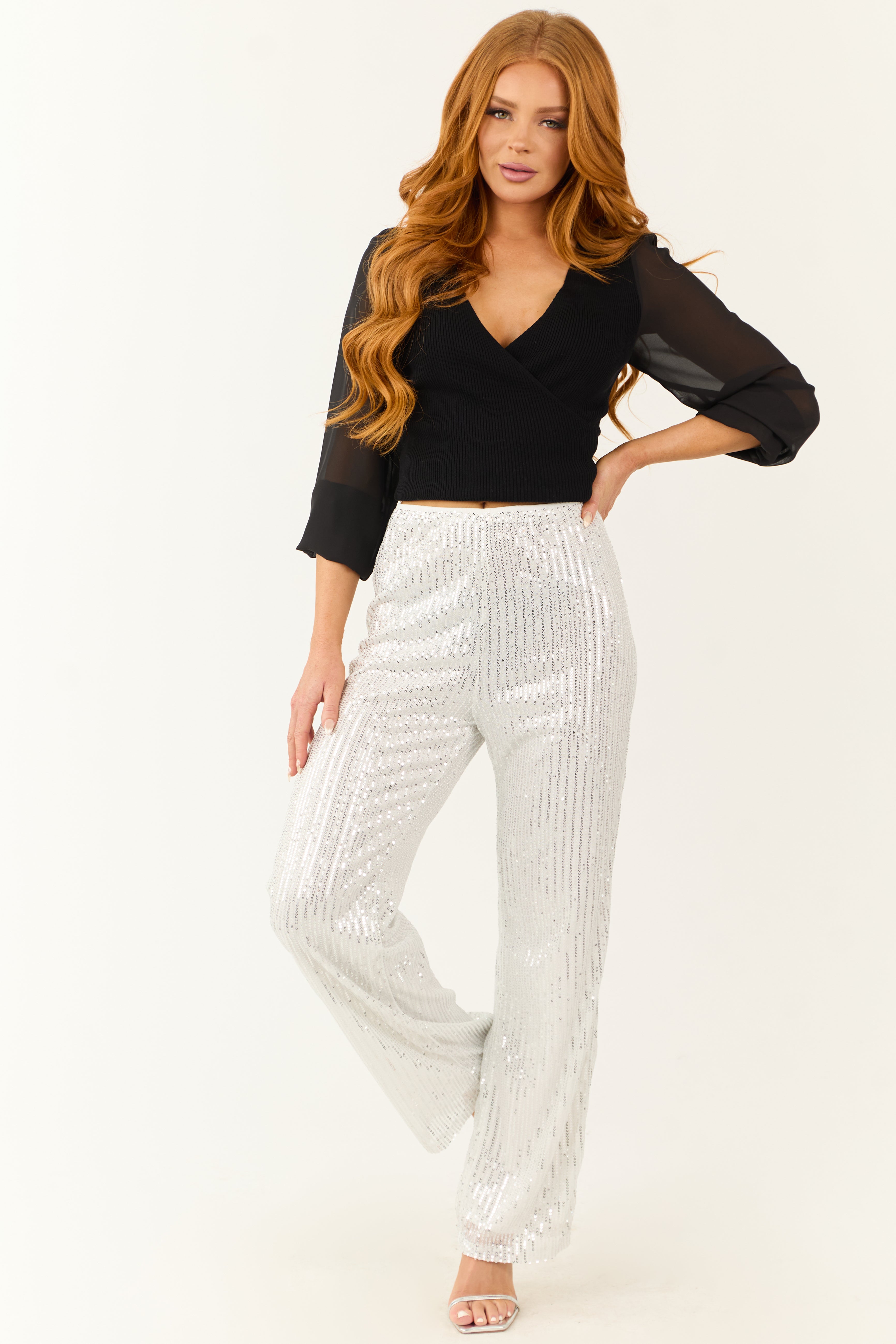 Silver Sequined High Waist Wide Leg Pants | Lime Lush Boutique