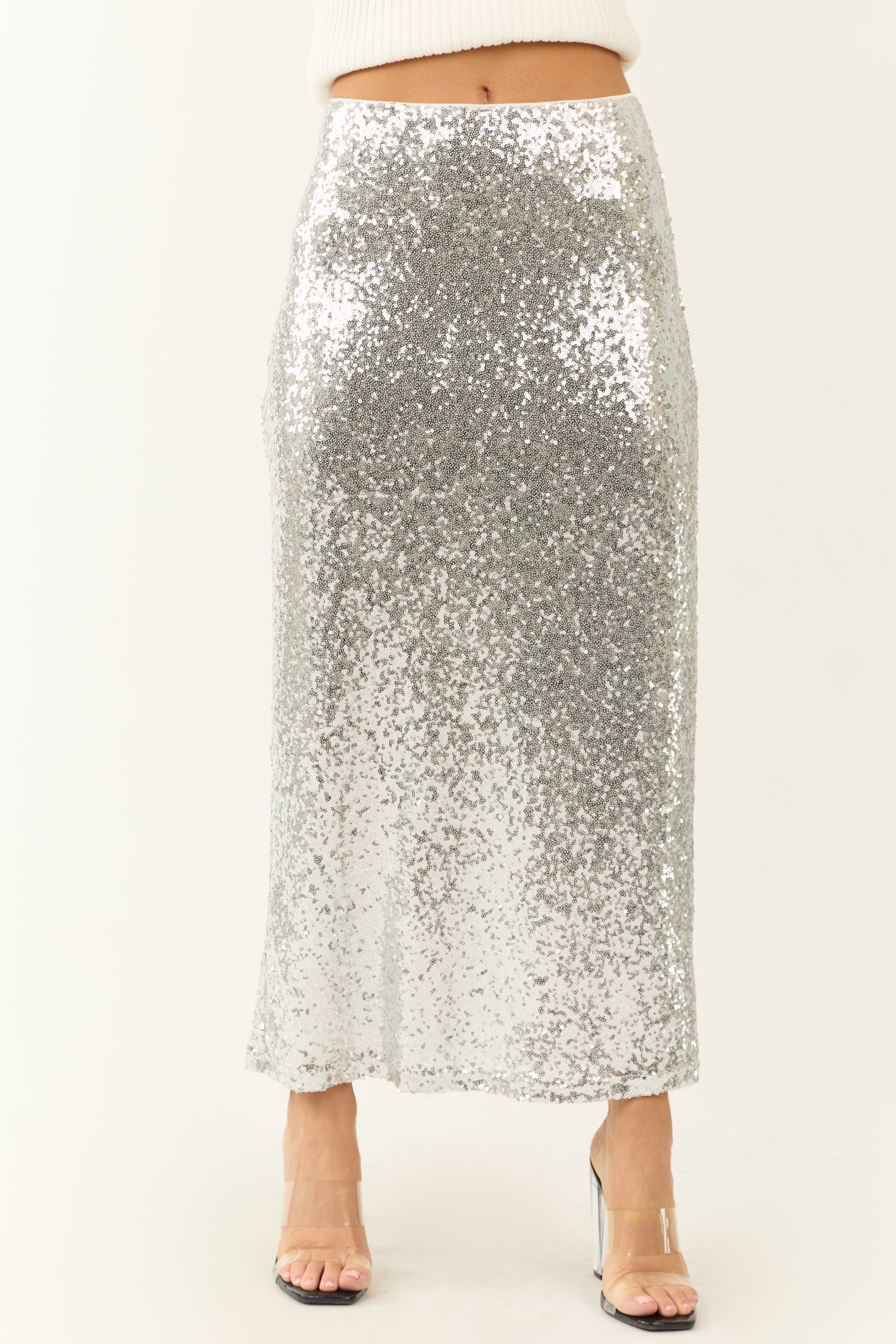 Silver Shiny Sequined Back Slit Midi Skirt | Lime Lush Boutique
