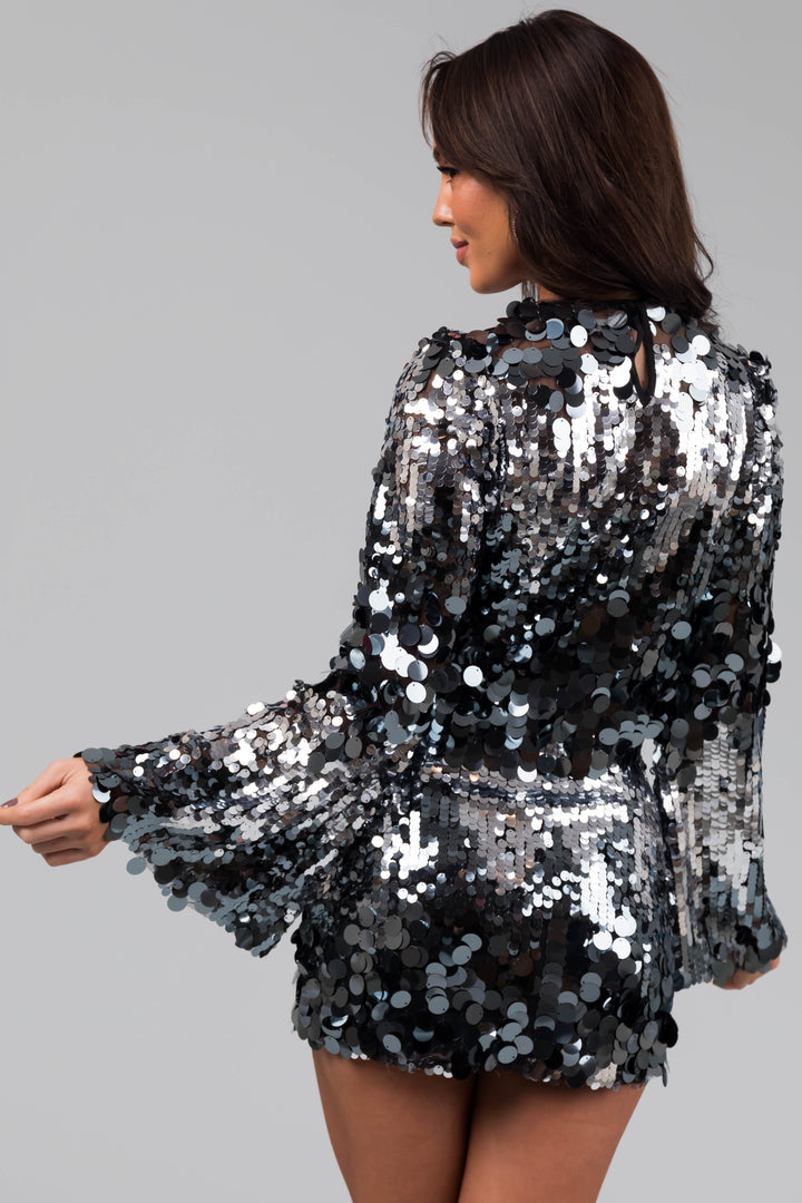 Silver and Charcoal Sequin Long Sleeve Top