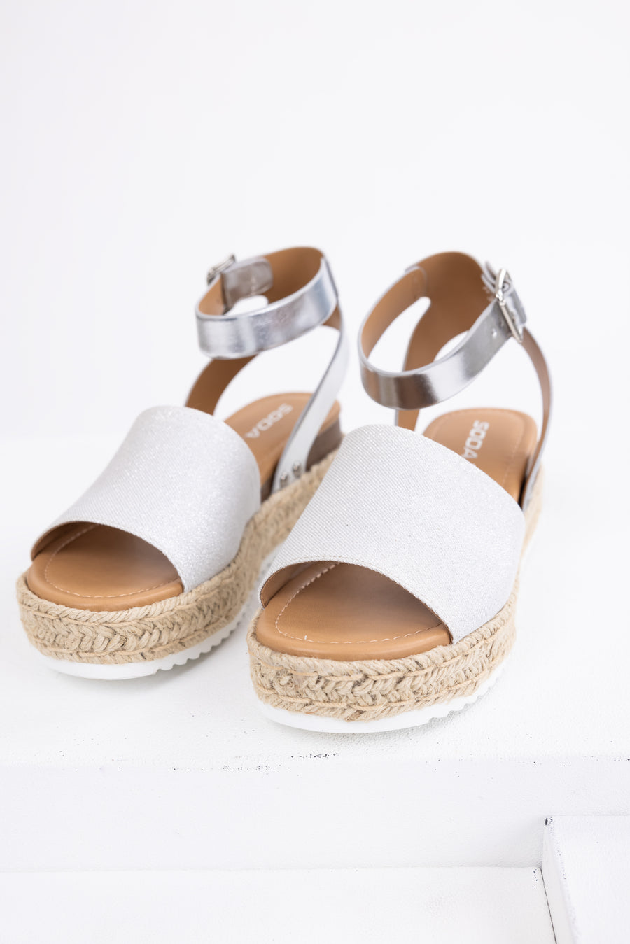 Silver Ankle Strap Espadrille Platform Sandals