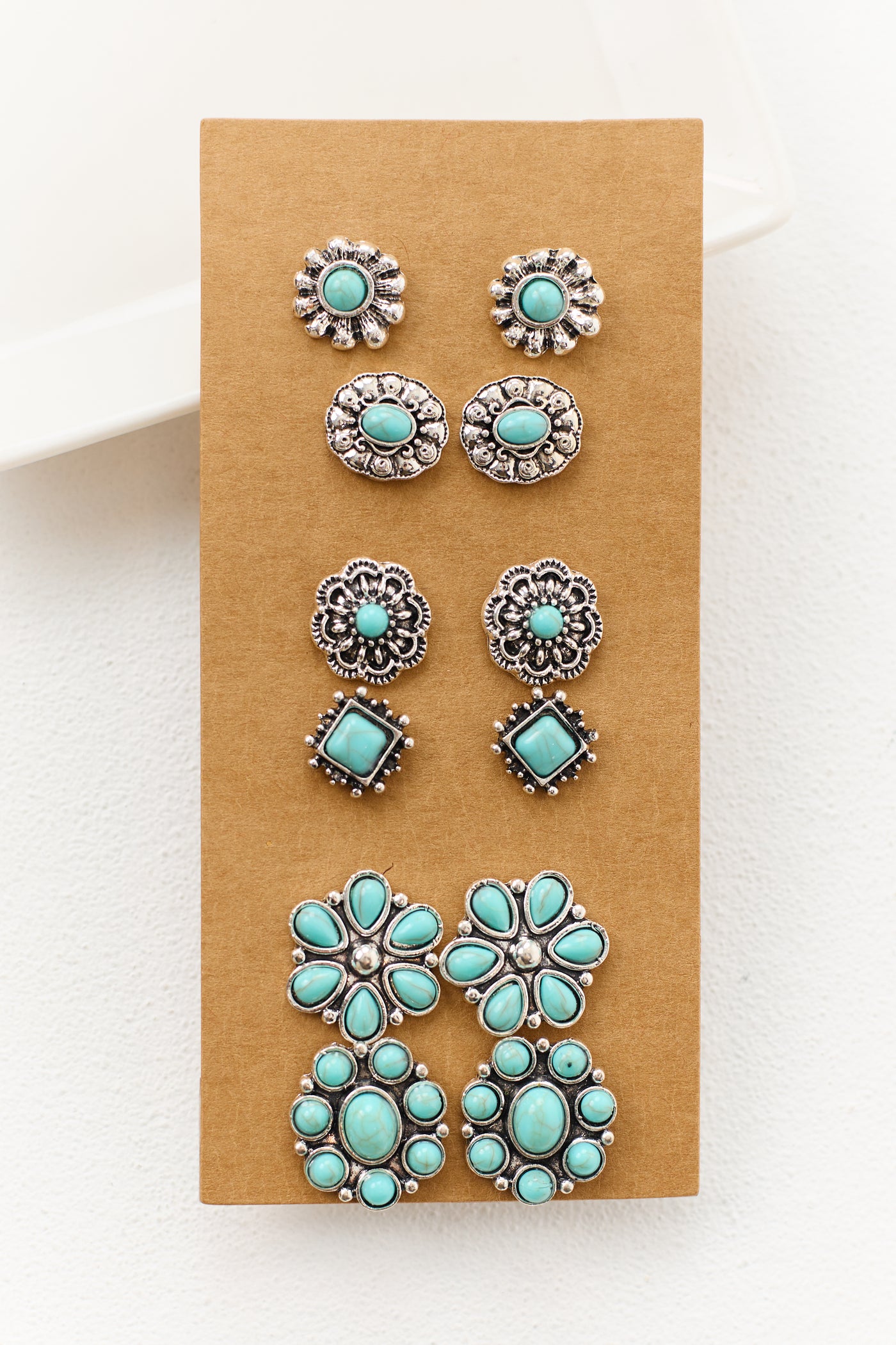 Silver Assorted Turquoise Stone Concho Earrings Set