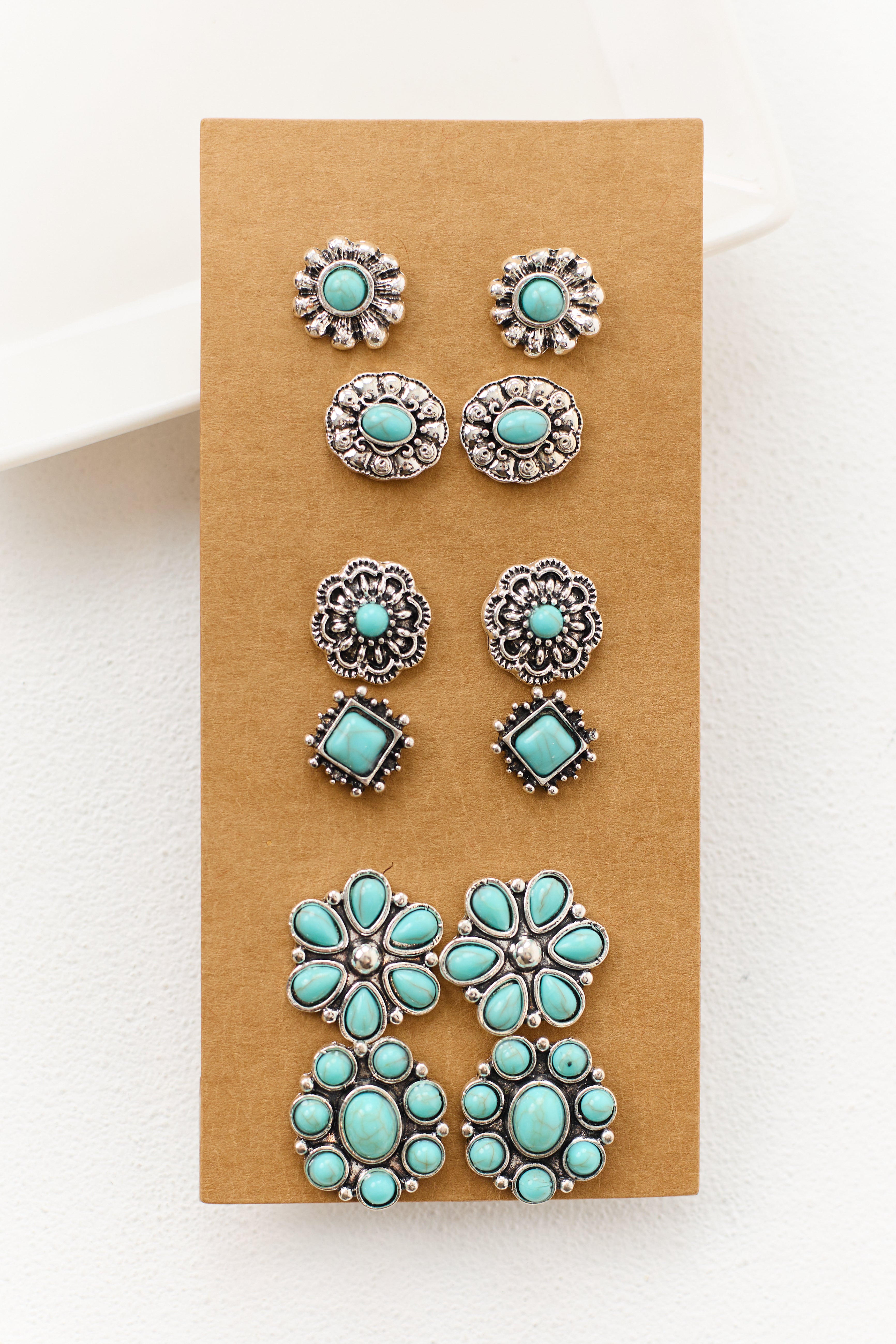 Silver Assorted Turquoise Stone Concho Earrings Set