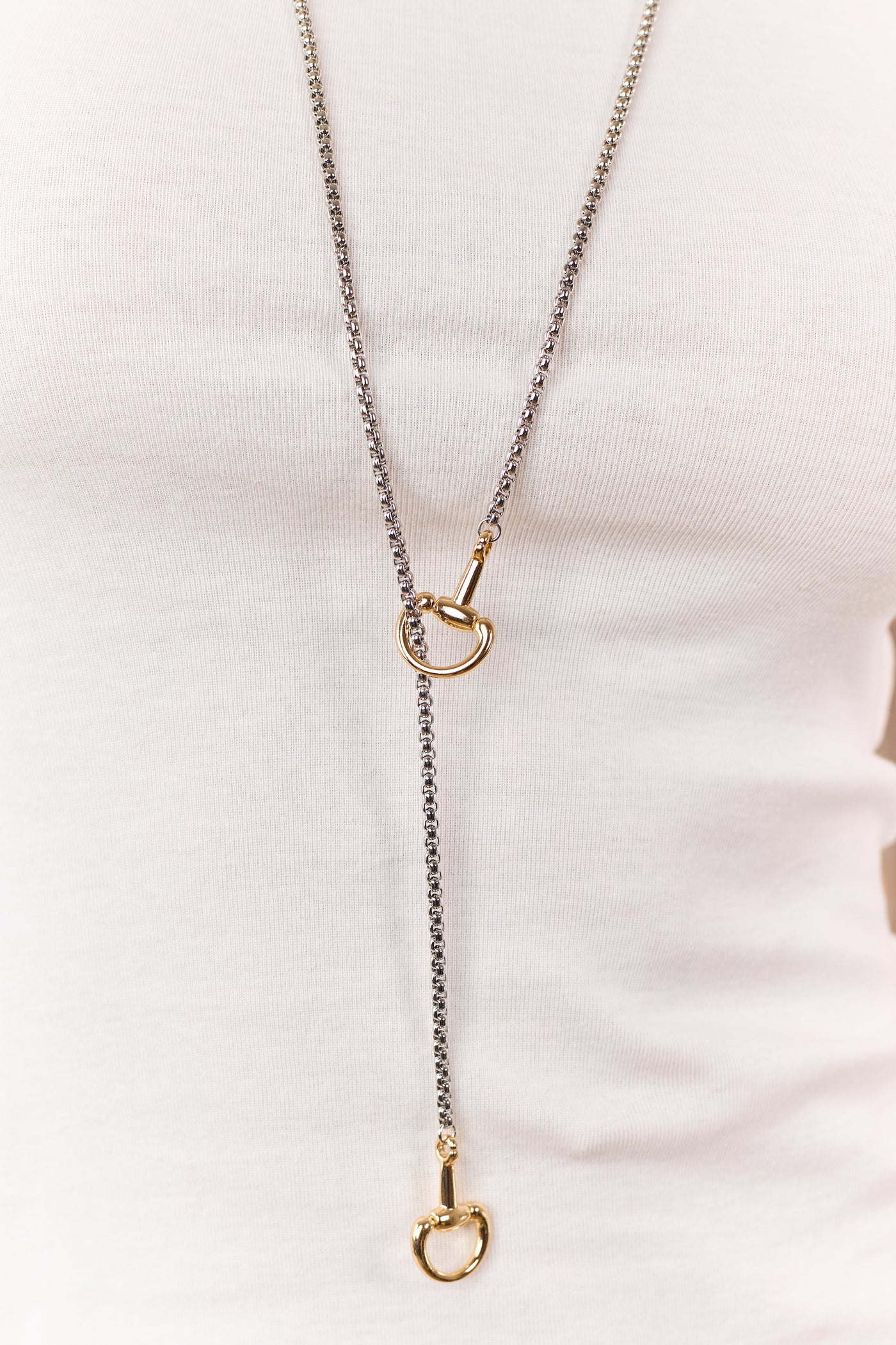 Silver Box Chain Horse Bit Drop Lariat Necklace