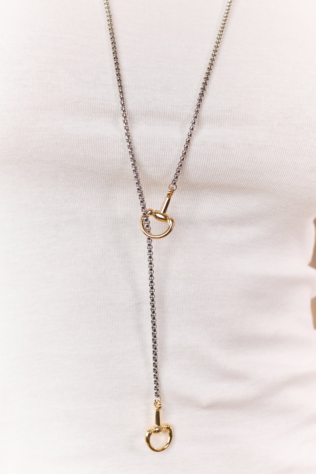 Silver Box Chain Horse Bit Drop Lariat Necklace
