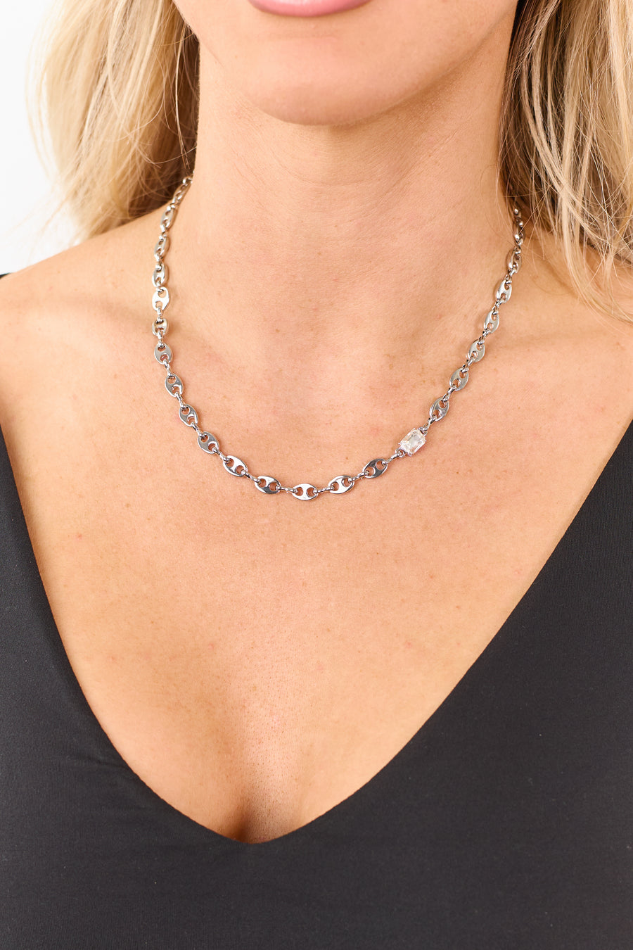 Silver Chain Rhinestone Charm Necklace