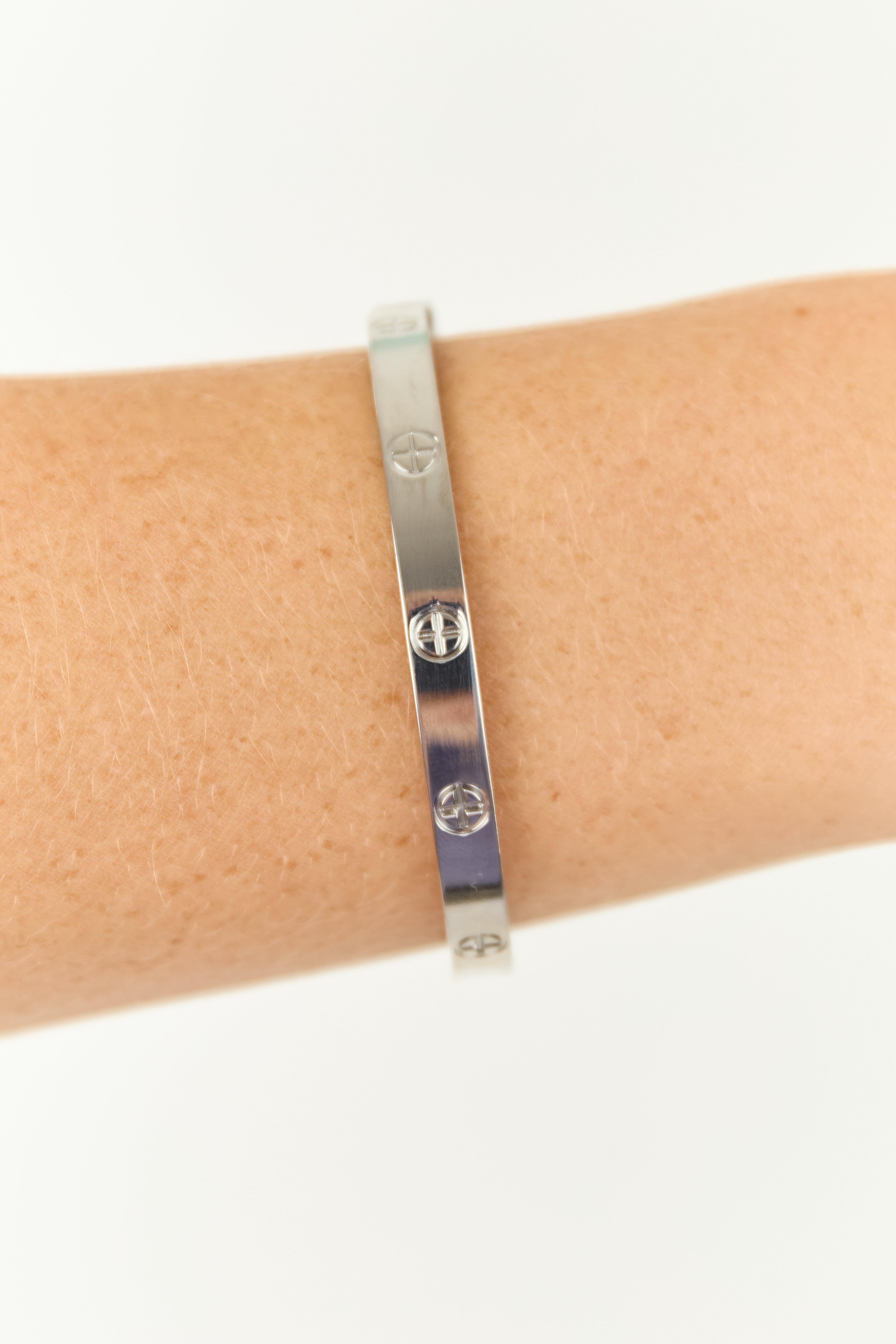 Silver Etched Stainless Steel Bangle Bracelet