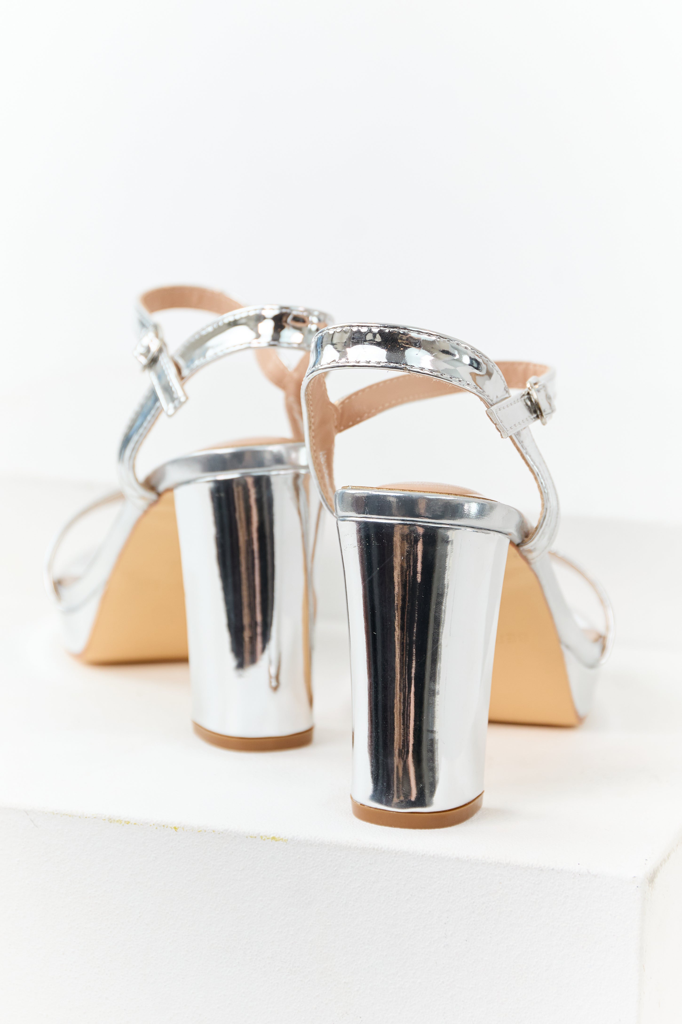 Silver Faux Leather Ankle Strap Platform Heels