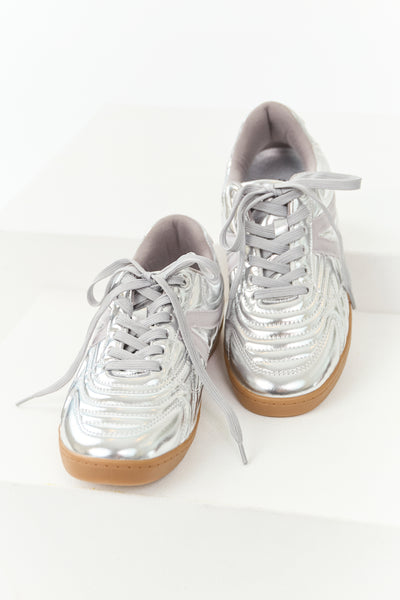 Silver Faux Leather Lace Up Low Top Sneakers