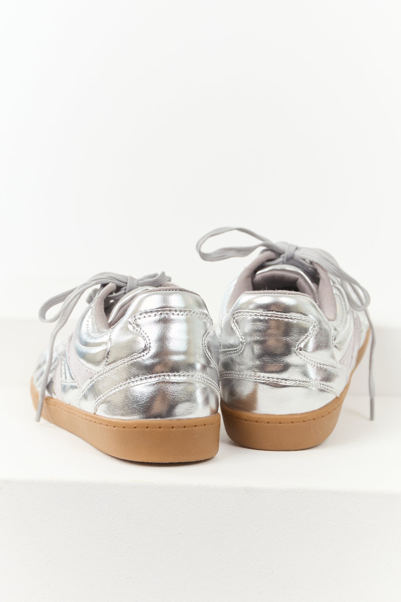Silver Faux Leather Lace Up Low Top Sneakers