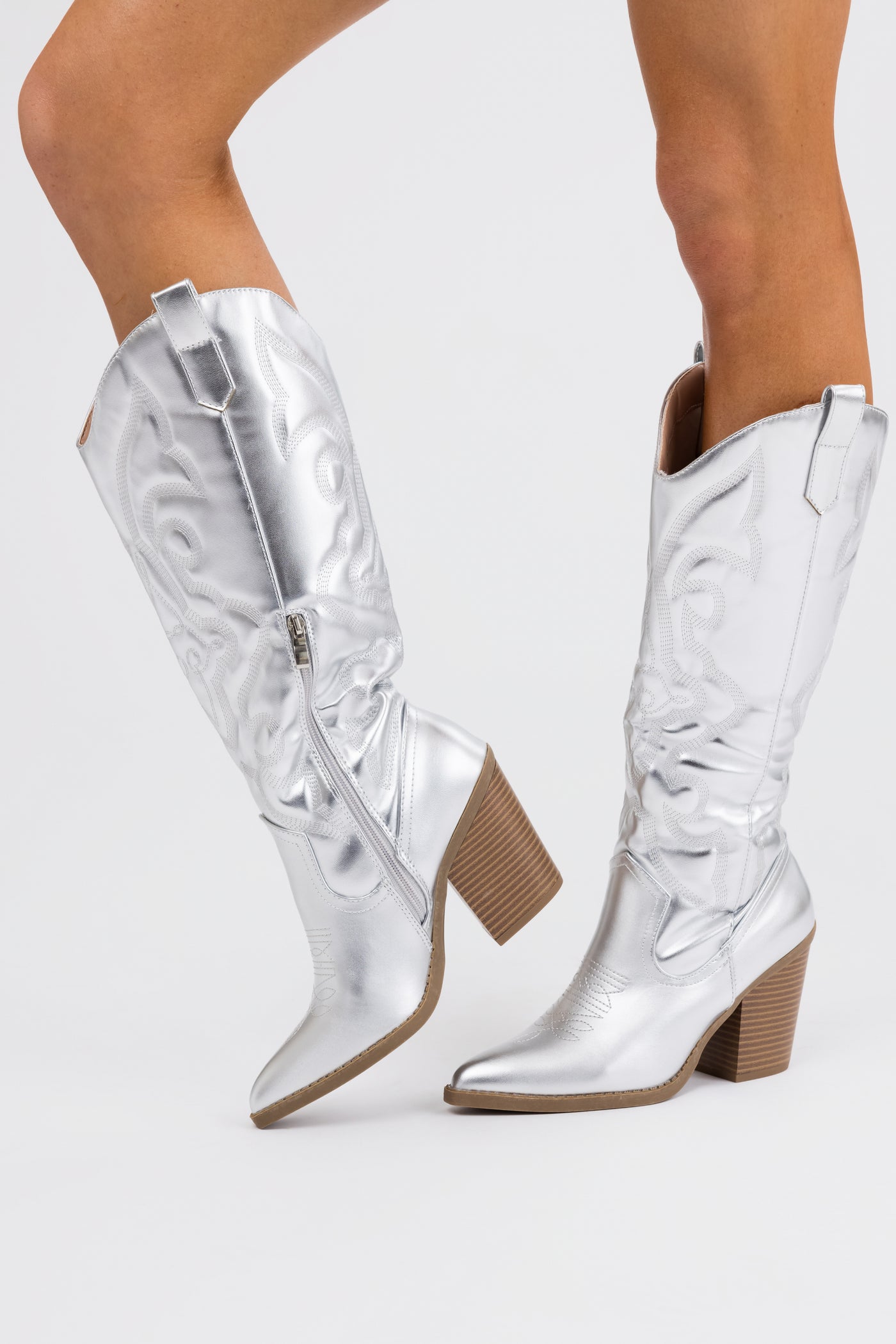 Silver Faux Leather Metallic Western Boots