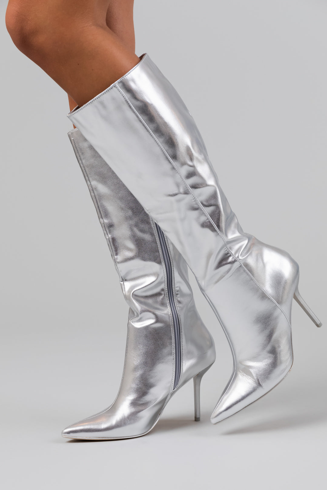 Silver Faux Leather Stiletto Knee High Boot