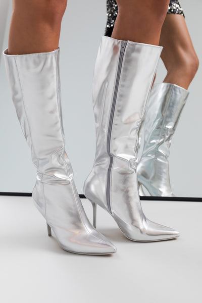 Silver Faux Leather Stiletto Knee High Boot