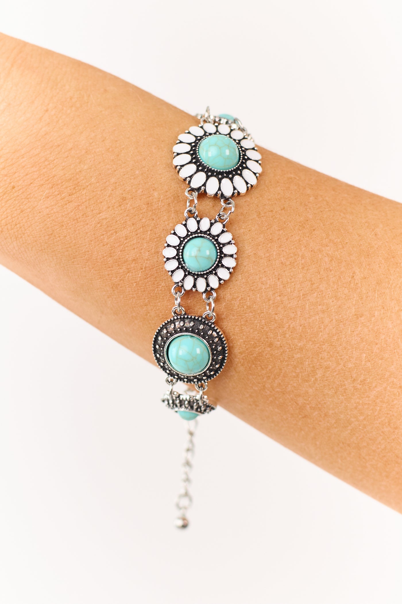 Silver Flower Concho Turquoise Stone Chain Bracelet