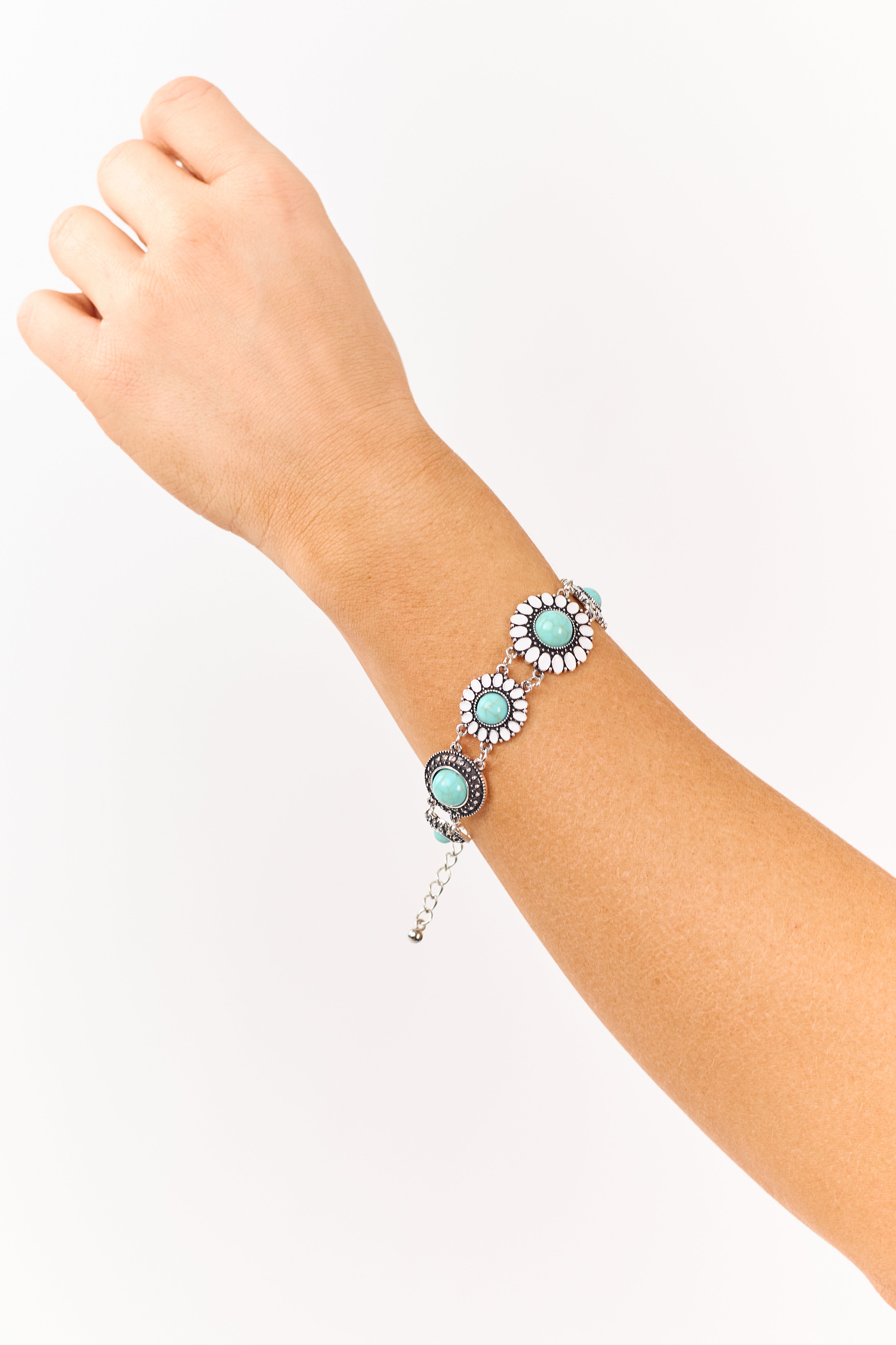 Silver Flower Concho Turquoise Stone Chain Bracelet
